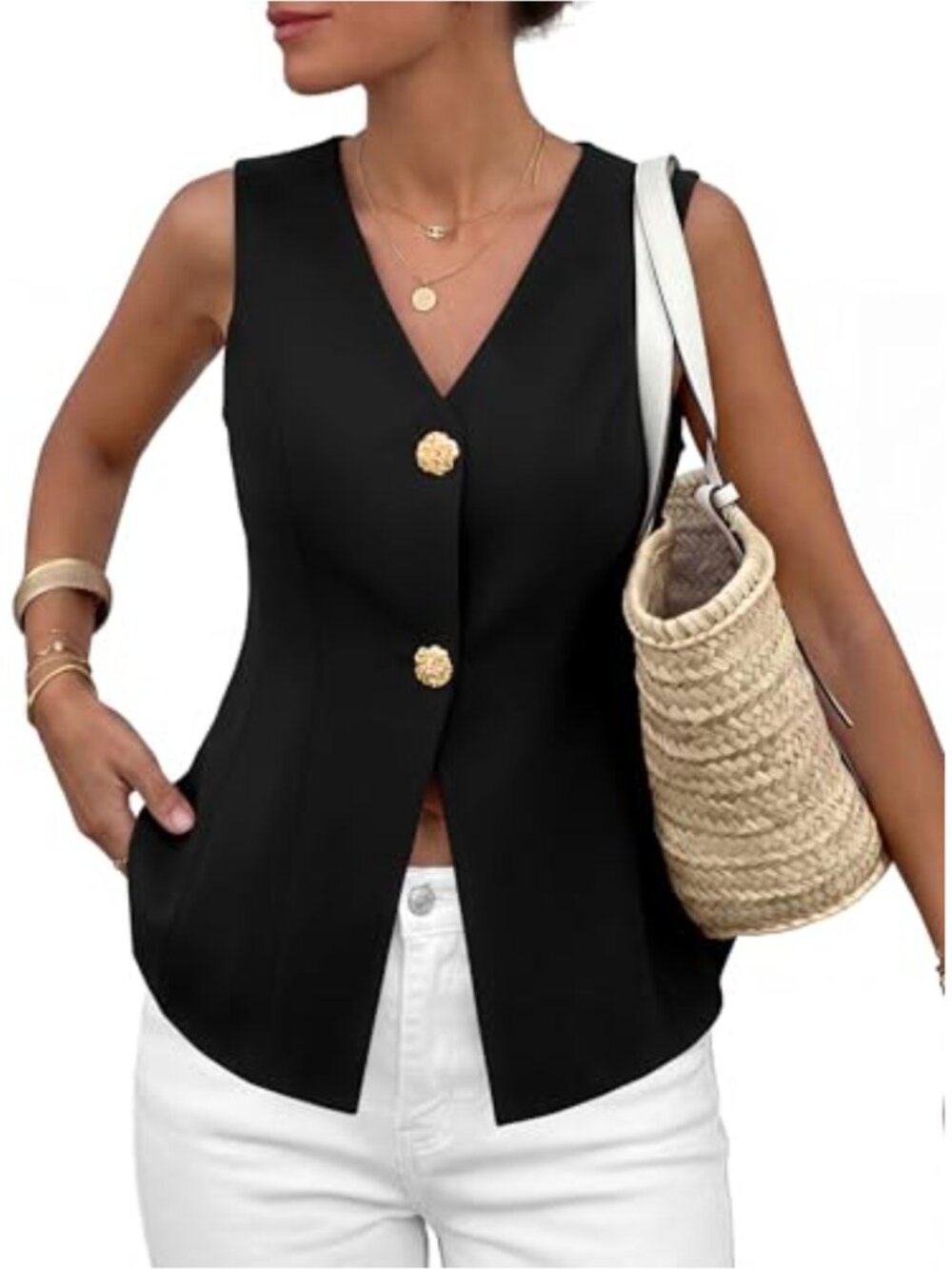 Women's Sleeveless Suit Vest Blazer Top V-Neck Button Down Business Casual